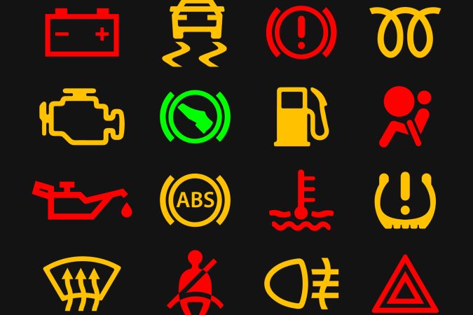Car dashboard warning lights icons set. Vector illustration image. Vehicle service logo. Isolated on black background.