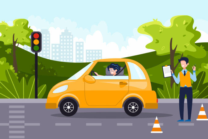A driving instructor teach a happy young woman to drive a car. Driving school concept, driver's license, traffic rules and test. Vector flat illustration. Natural landscape on the background.