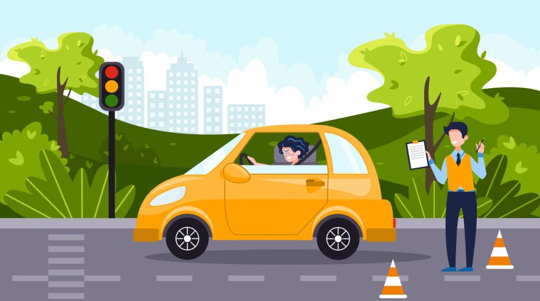 A driving instructor teach a happy young woman to drive a car. A driving instructor teach a happy young woman to drive a car. Driving school concept, driver's license, traffic rules and test. Vector flat illustration. Natural landscape on the background.