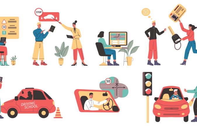 People at driving school. Drive car learning process. Instructor explains road rules. Transport traffic theory studying. Students practice. Obtaining driver license. Vector automobile education set