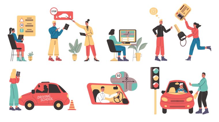 People at driving school. Drive car learning process. Instructor explains road rules. Traffic theory studying. Students practice. Obtaining driver license. Vector auto education set People at driving school. Drive car learning process. Instructor explains road rules. Transport traffic theory studying. Students practice. Obtaining driver license. Vector automobile education set