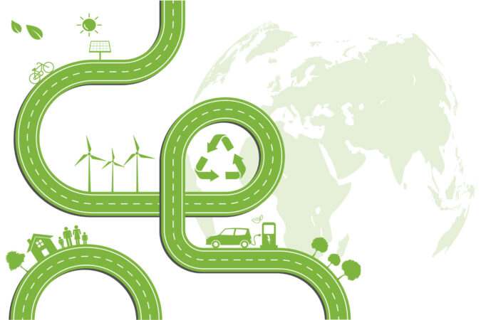 Green road and city for Sustainability development and alternative energy concept, Template background with copy space, Vector illustration