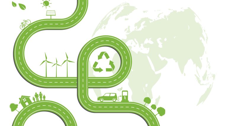 Green road and city for Sustainability development and alternative energy concept, Template background with copy space, Vector illustration Green road and city for Sustainability development and alternative energy concept, Template background with copy space, Vector illustration